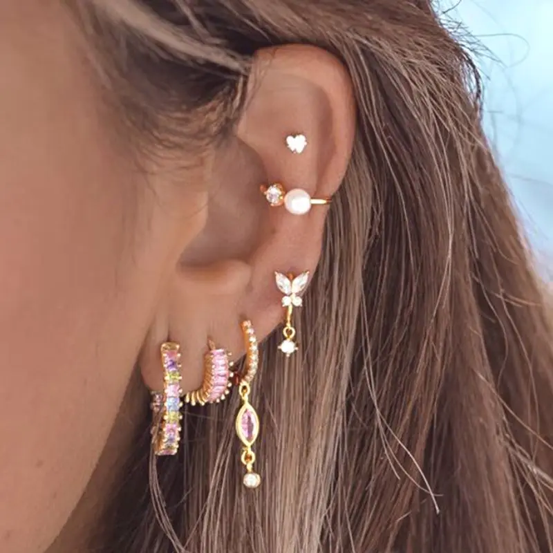 925 Sterling Silver Needle Pink Crystal Heart Hoop Earrings for Women Fashion Geometric Pendant Earrings Luxury Jewelry Gifts