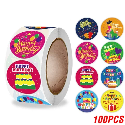 

100-500pcs Adorable Birthday Stickers 2.5cm/1 Inch Kids' Party Gift Sealing Decorations Greeting Card Labels