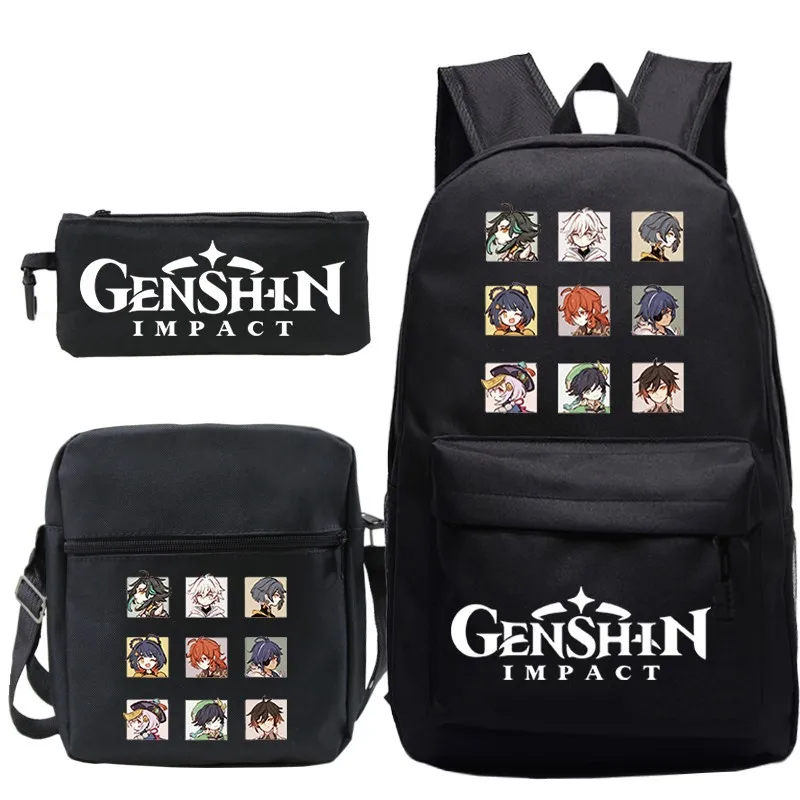 Conjunto de Mochila Anime Genshin Impact, Book School Schoolbag, Bolsa de Ombro Estudantil, Caneta e Lápis, Novo, 3 peças