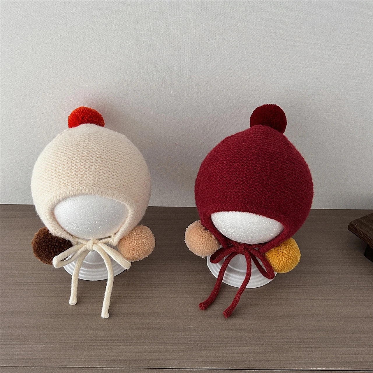  Cute Plush Ball Baby Ear Protection Cap Winter Warm Toddler Knit Hat Solid Color Woolen Headgear Bonnet 0-3Year Kids Beanies