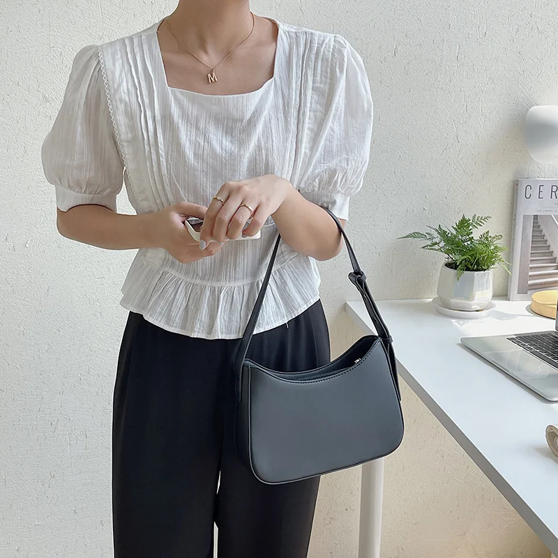 Simple Solid Color Small PU Leather Shoulder Bags For Women 2023 Autumn Trendy Handbags And Purses Female Travel Totes