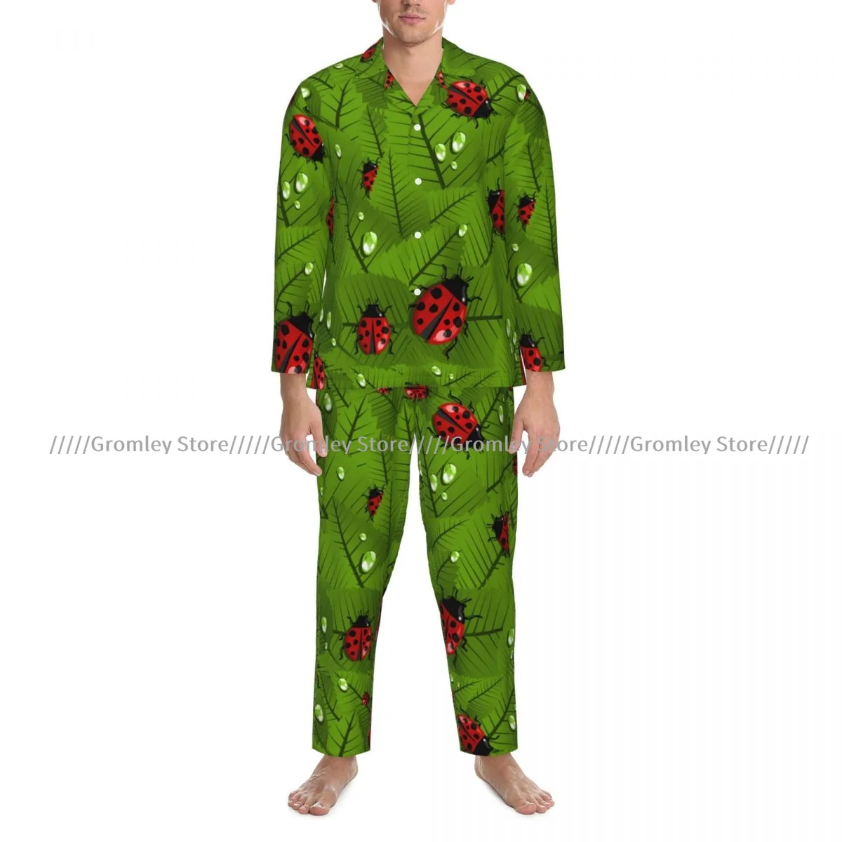 Conjuntos de pijamas para hombre, ropa de dormir de primavera con hojas y escarabajo y mariquita, prendas de vestir de ocio de manga larga, ropa de descanso para otoño e invierno