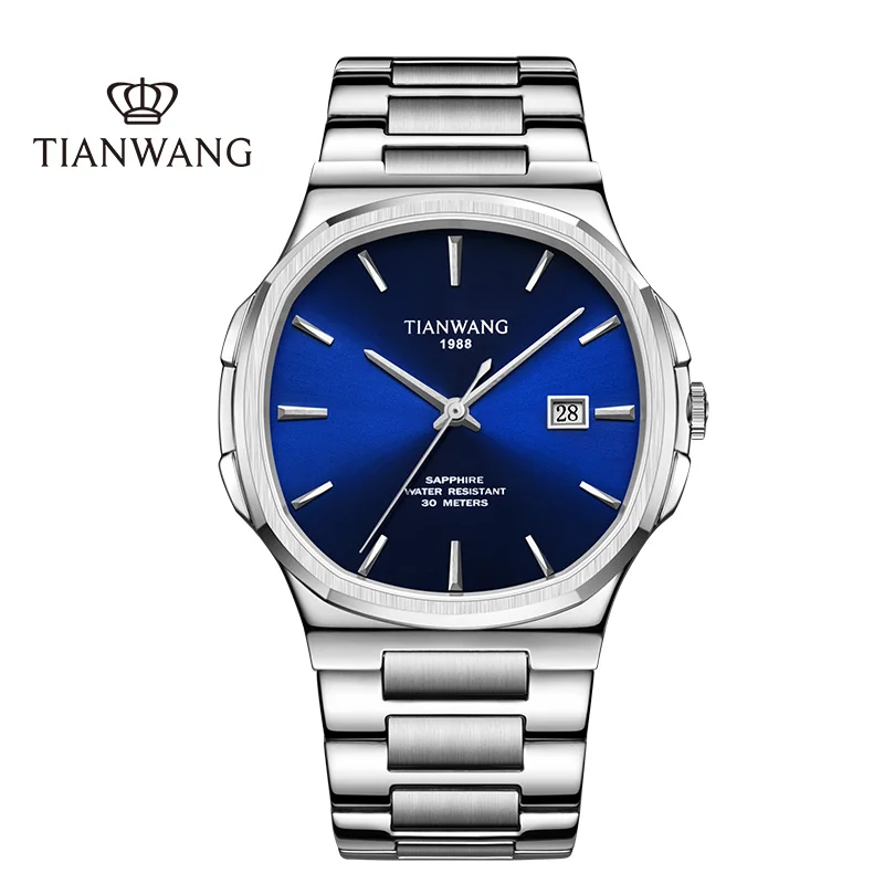 TIAN WANG Watches For Men 43.4mm Dial Quartz Stainless Steel Square Wristwatch Classic Blue Business Waterproof Mens Gifts