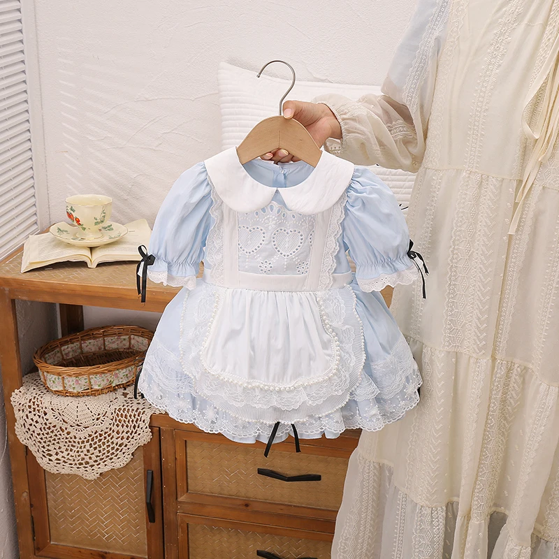 Vestido Estilo Lolita Alice com Laço de Borboleta e Renda para Meninas, Vestido de Verão com Manga Curta, Saia de Princesa em...