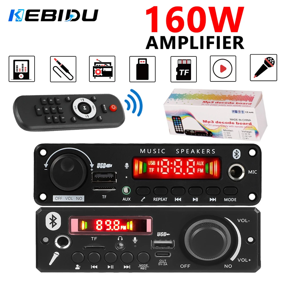 KEBIDU 160W Verstärker Auto Bluetooth MP3 Decodierungsboard Audio-Player DIY Heim-MP3-Player-Modul TF FM Radio USB Mikrofon Aufnahme Anruf