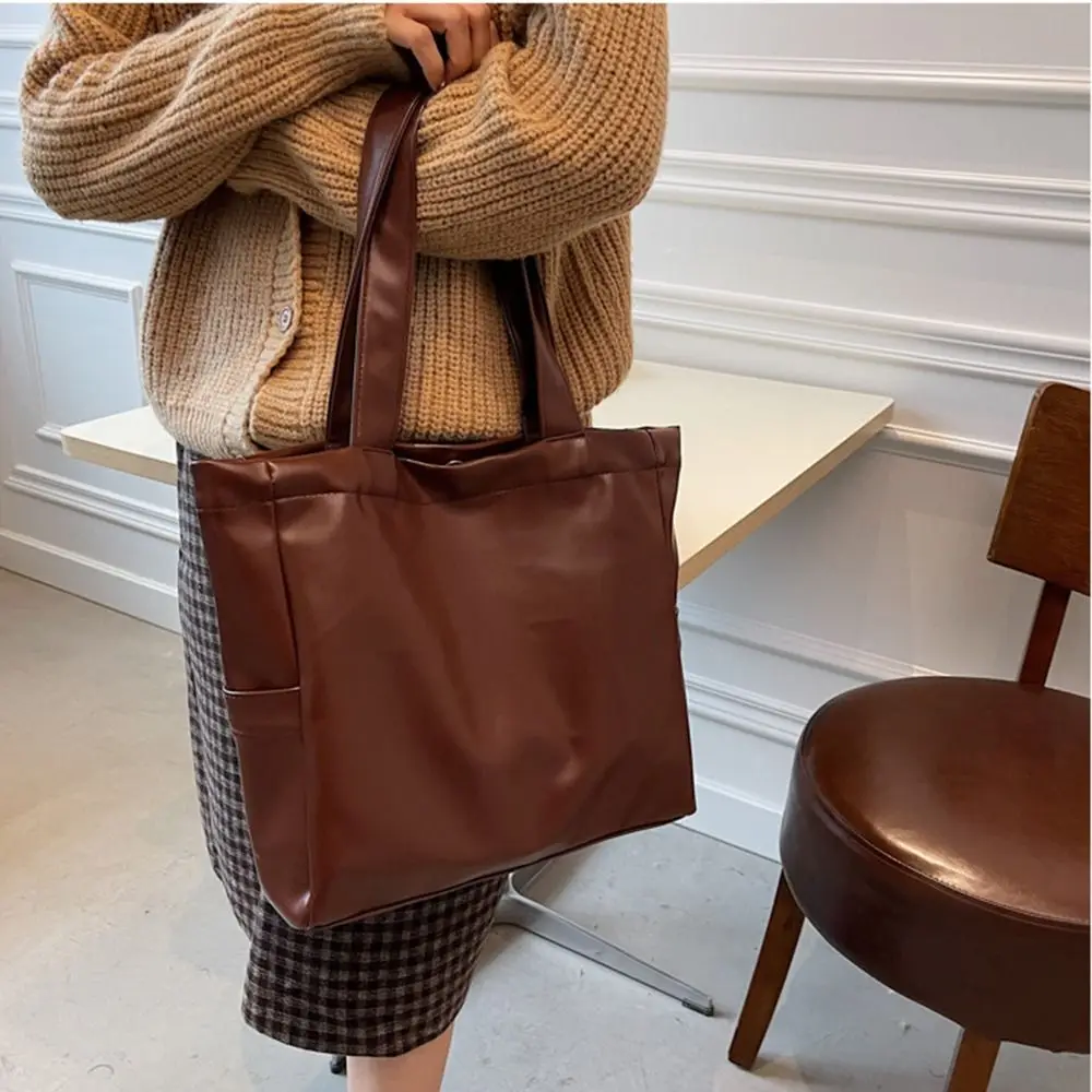 

Magnetic Buckle PU Leather Tote Bag Vertical Square Solid Color Large Capacity Handbag Versatile Comfortable Handle