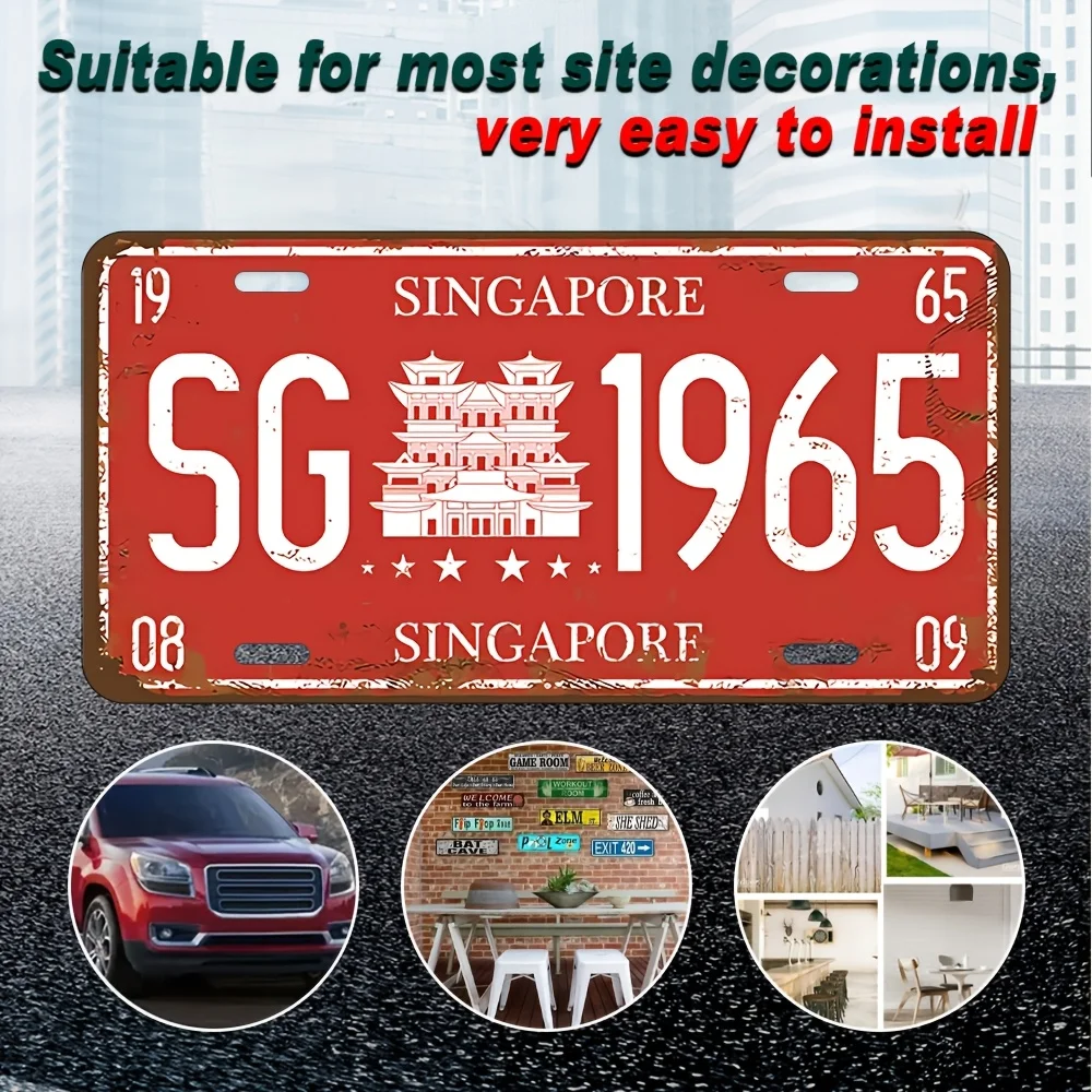 Singapore 1965 Aluminum License Plate - Rustic Wall Decor with Iconic SG Landmark Design, Faux Red Background, , Perfect for Ho