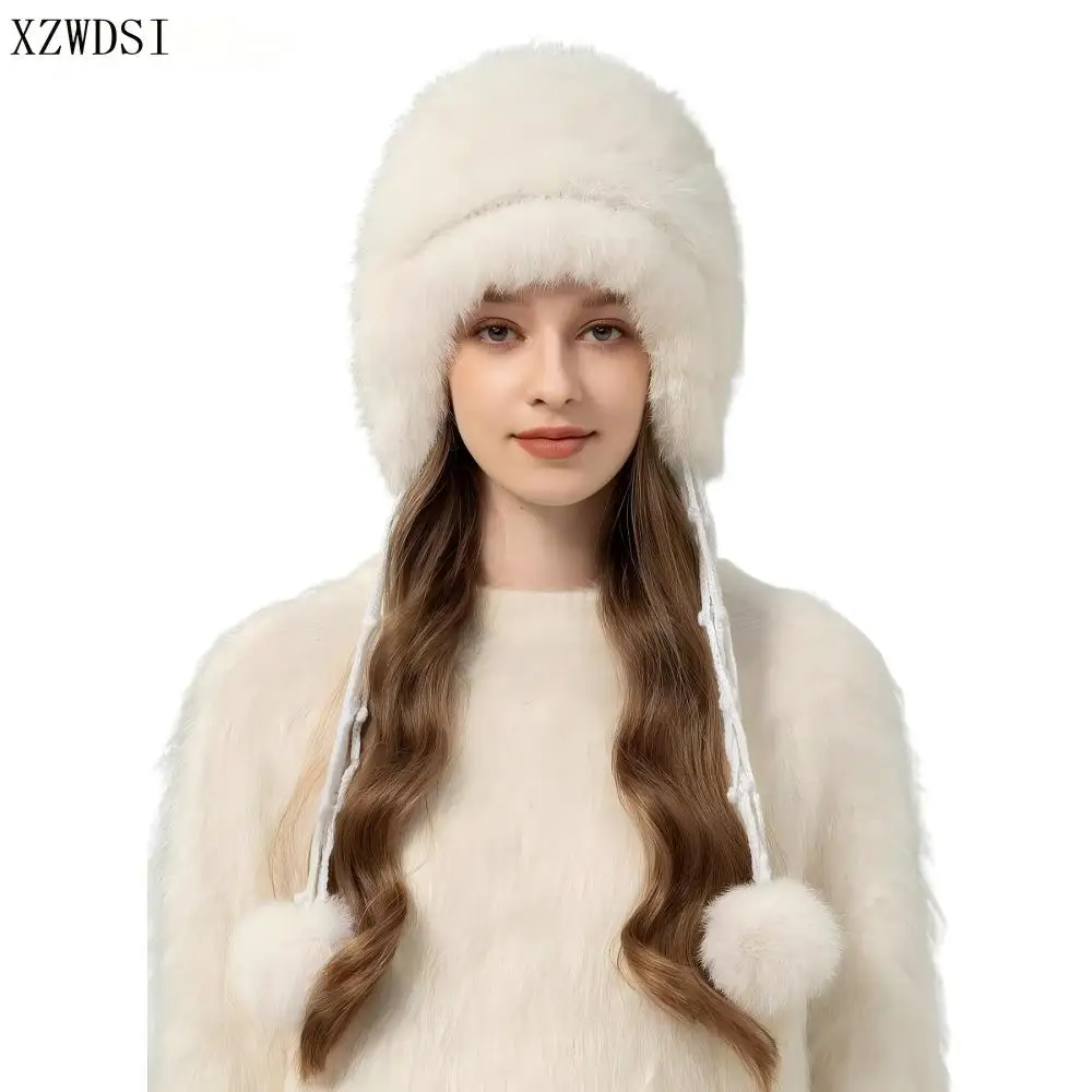 

2025 модная новая зимняя шапка для женщин, теплые вязаные шапки из натурального кроличьего меха с ушками