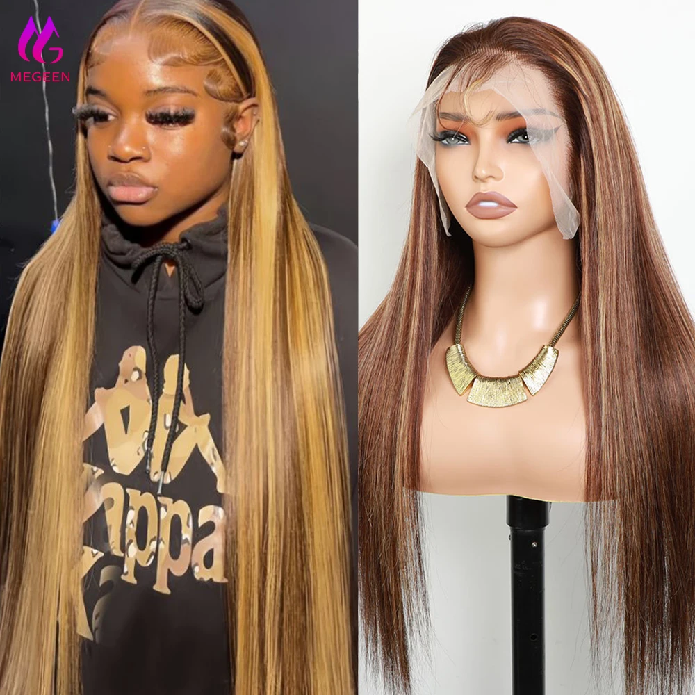 

Megeen прямые 13x 4 кружевные передние парики 26 дюймов с эффектом омбре, человеческие волосы, прозрачные кружевные передние парики, предварительно выщипанные цветные парики P4/27