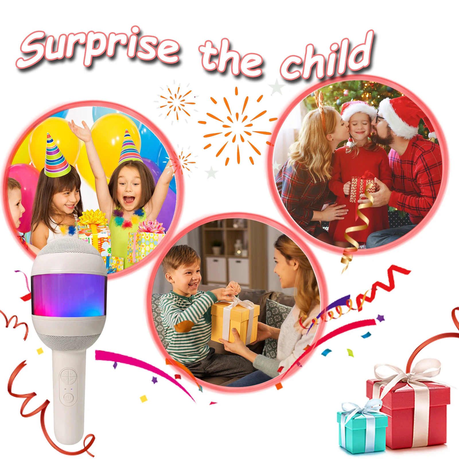 Microphone for Kids Singing 5 in 1 Wireless Bluetooth Microphone with LED Lights Machine Portable Mic Speaker Kids Gifts