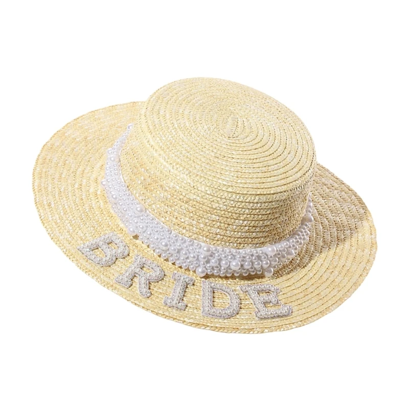 

Handwoven Straw Hat for Bride Sun Protective Beach Hat Letter Pearls BrideToBe Hat Photography Panama Hat Photo Accessory