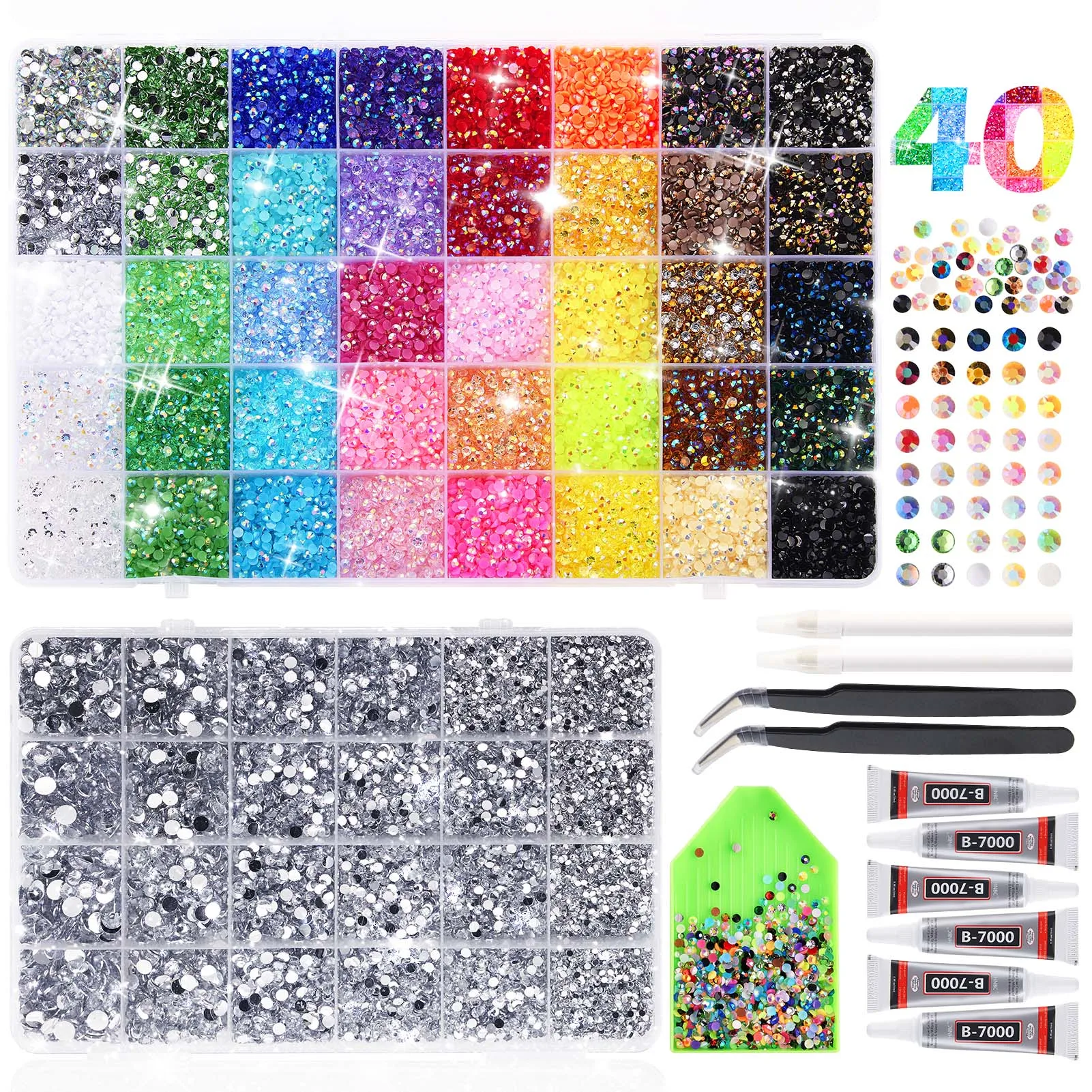 

62,000 pcs Rhinestones Bedazzling Kit, Cover 32,000pcs 3mm Nail Rhinestones in 40 Colors & 30,000pcs Clear Flatback Nail gems