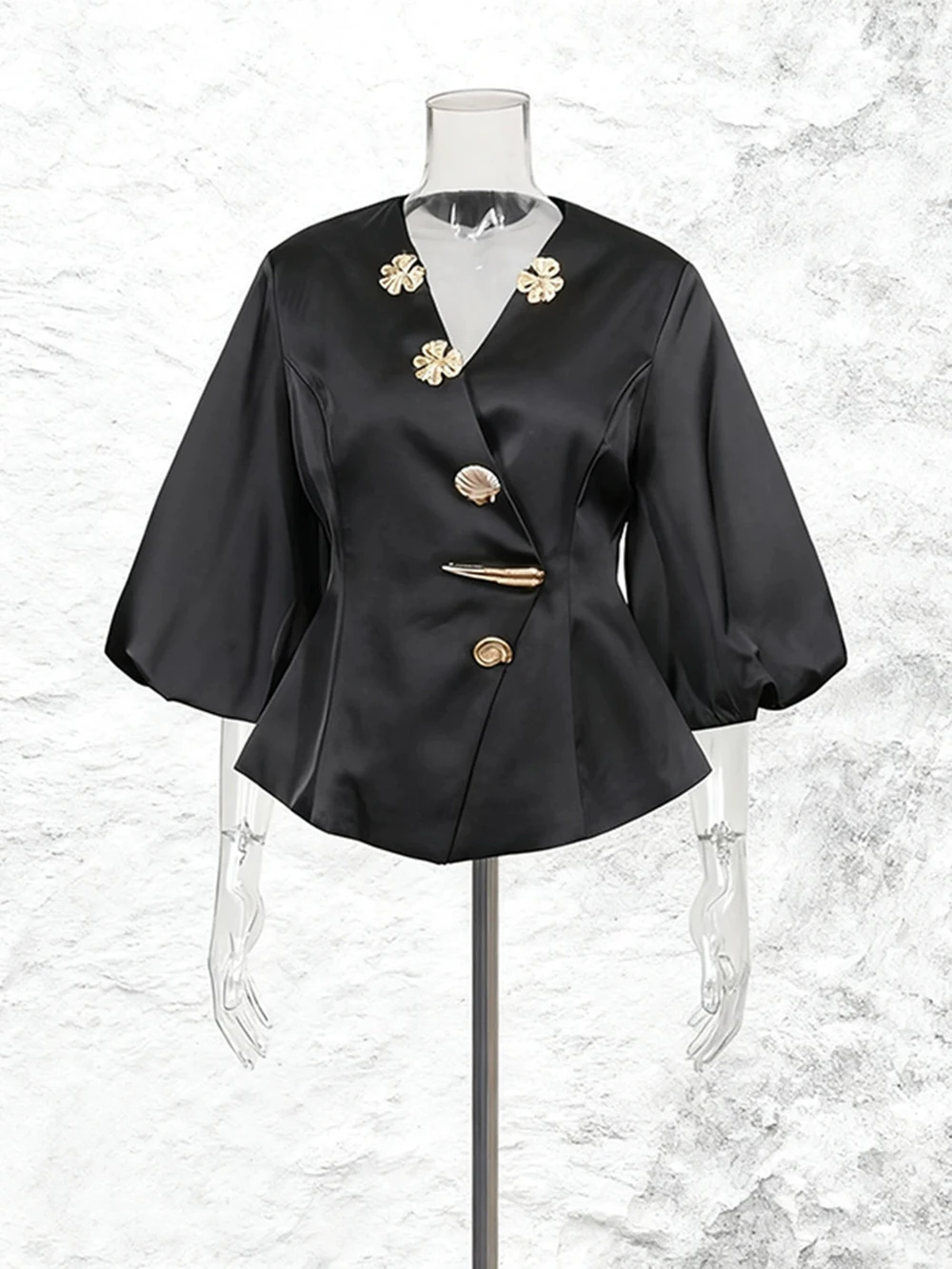 2025 جديد عصري زر معدني خليط نفخة الأكمام الخامس الرقبة حزام تي شيرت-GZXXX341