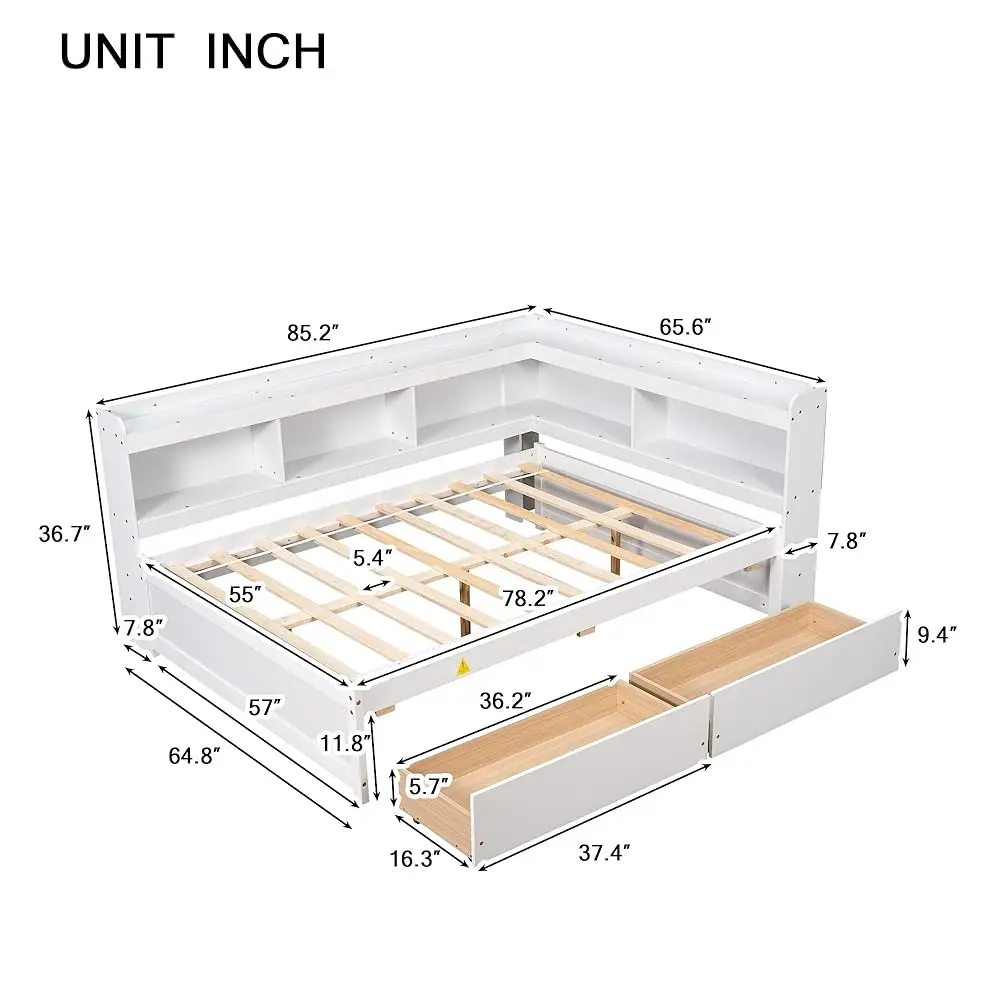 Tempat Tidur Platform Ukuran Penuh Dengan Dua Laci Penyimpanan Dan Rak Buku Berbentuk L, Rangka Tempat Tidur Tain Kayu Dengan Headboard Rak Buku, Sudut