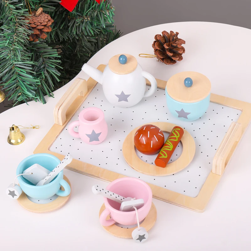 Wooden Afternoon Tea Set Toy Pretend Play Food Learning Role Play Game Early Educational Toys for Toddlers Girls Boys Kids Gifts