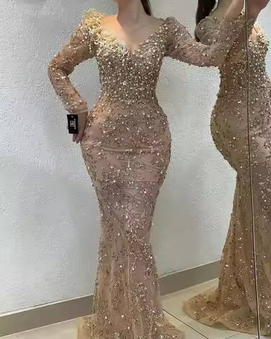 Customized Luxury Beaded Flower Appliques Mermaid Evening Dress with Long Sleeves Designer Formal Gown Birthday Prom Dresses