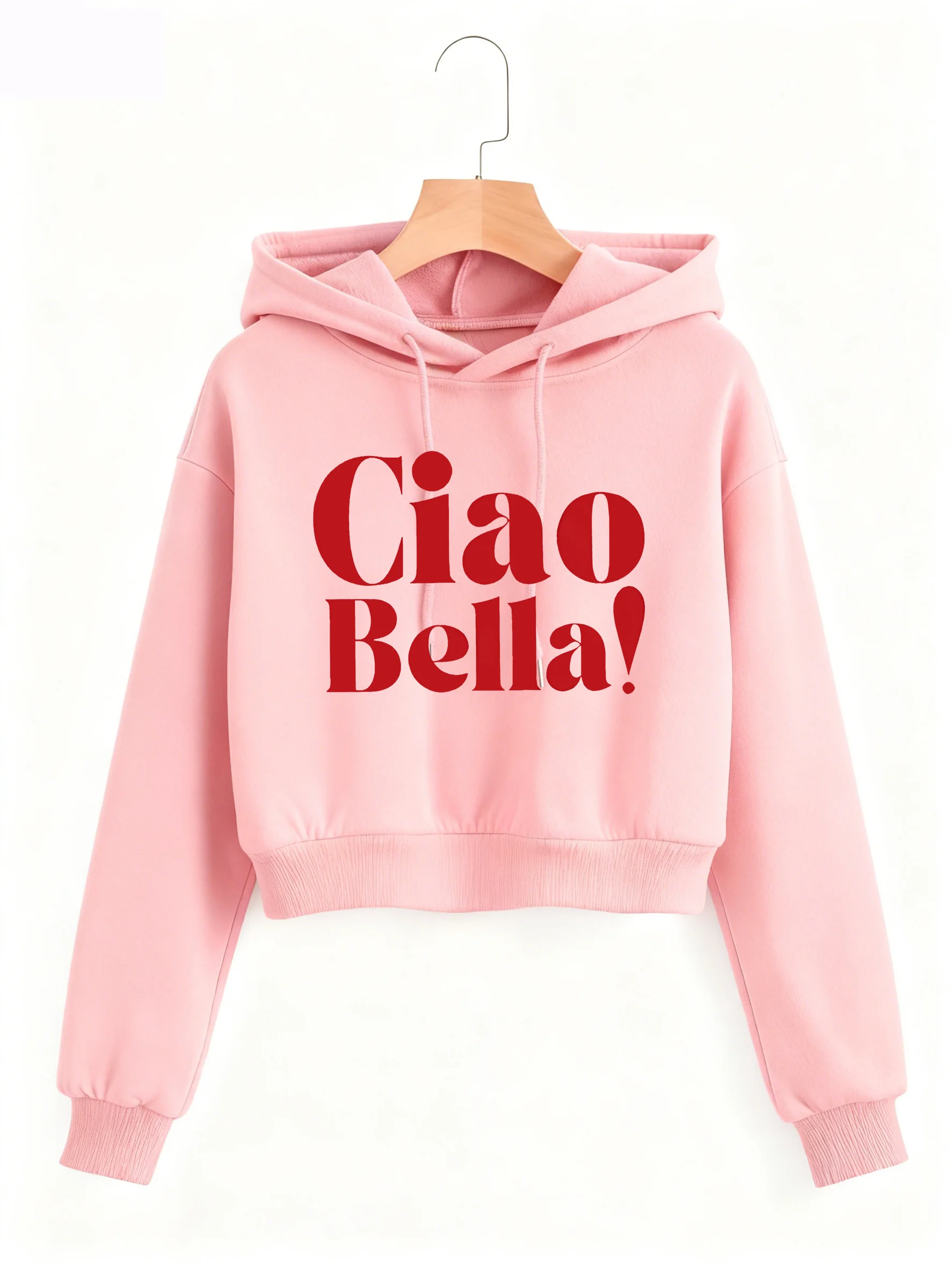 Sudadera Corta con Estampado de Letras Ciao Bella, Sudadera con Capucha Corta de Otoño Invierno, Sudaderas Y2k, Ropa de Estilo Gótico Informal