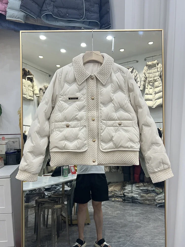 Fashion Lightweight White Duck Down Jacket Women's 2024 Winter New Diamond Plaid Gold Buckle Korean Style Elegant Slim Fit Coat