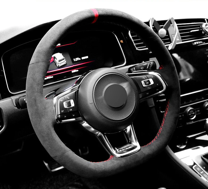 Genuine Leather Red Thread Steering Wheel Cover for Alcantera Car Accessories for Volkswagen VW Golf GTI Golf R MK7 Jetta GLI