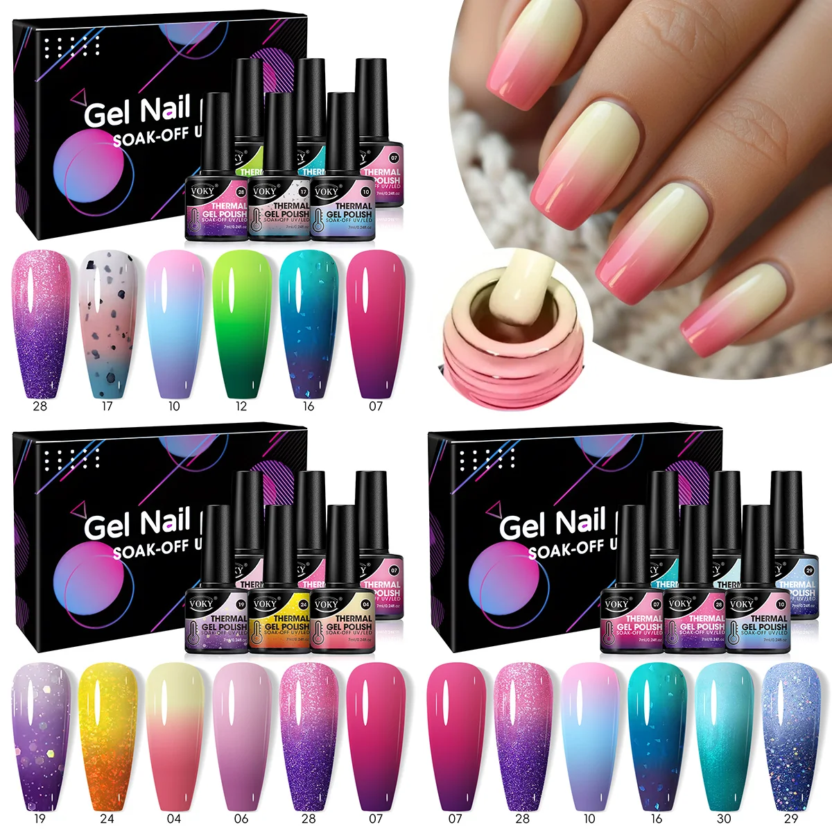 VOKY 6-Piece Set of Temperature-Changing Nail Glue Kit, UV/LED Curing, Suitable for Girls' DIY at Home Nail Salon