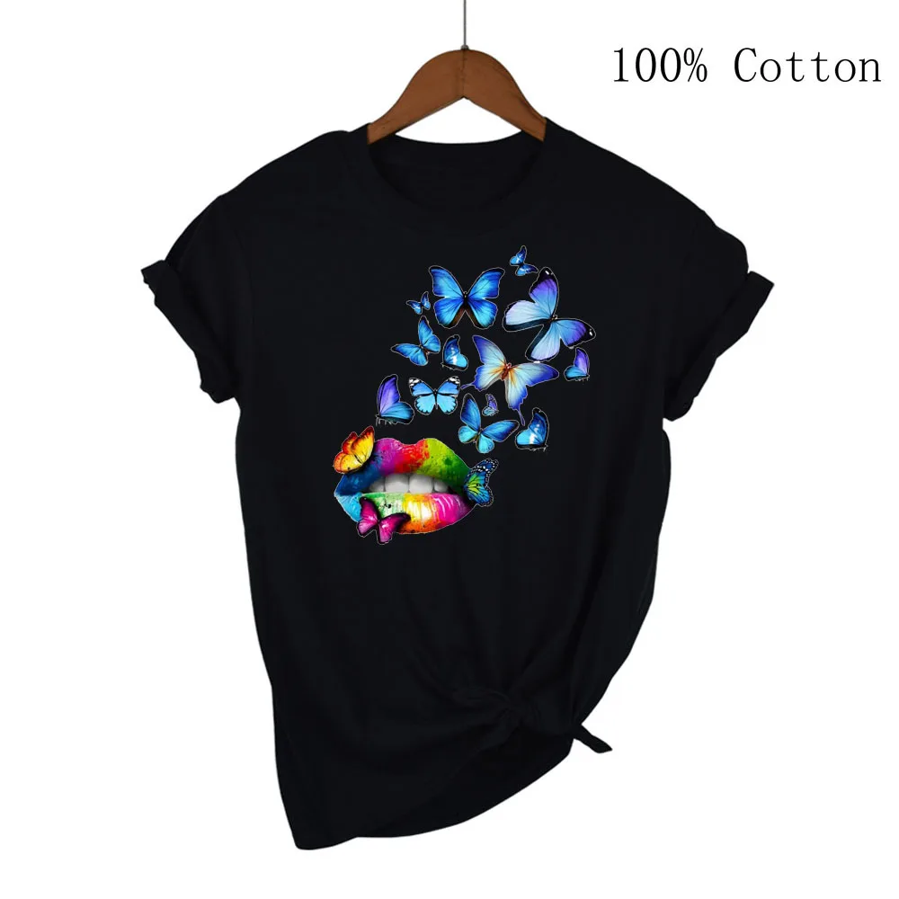 

Красочные губы с рисунком бабочки, забавная удобная летняя футболка с коротким рукавом, забавная индивидуальность, модная повседневная футболка с принтом