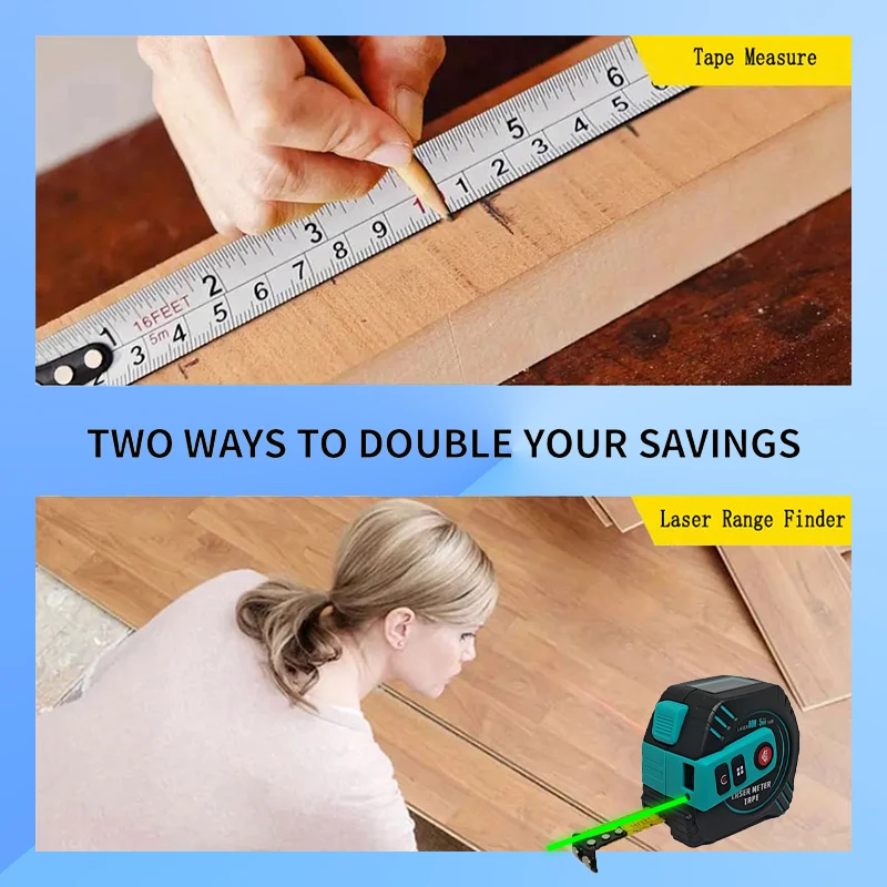 محدد المدى بالليزر 2 في 1 لشحن USB، 131 قدمًا/262 قدمًا، مع شريط قياس 16 قدمًا، شاشة LCD، أوضاع قياس متعددة وحدة