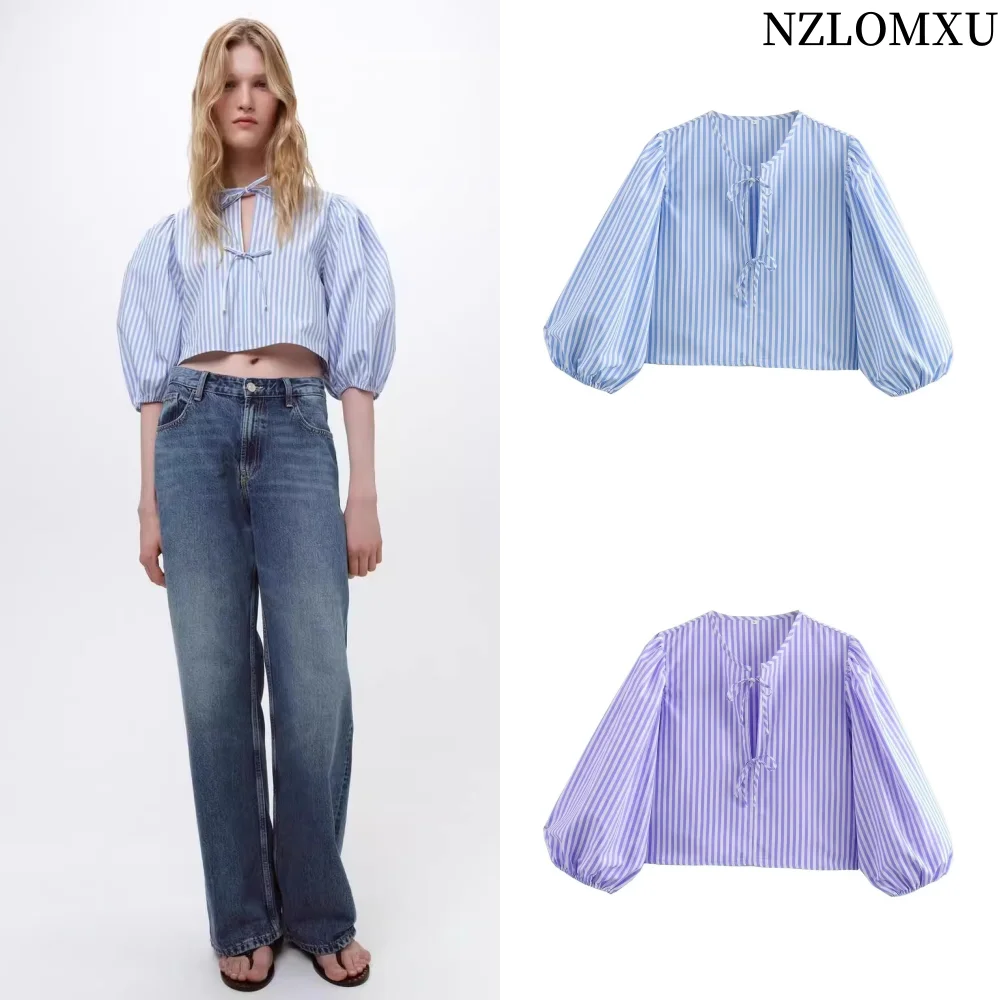 

Blue Striped Blouse Woman 2025 Bow Puff Long Sleeve Cropped Blouses For Women Elegant Chic Summer Cut Out Lady Blouses