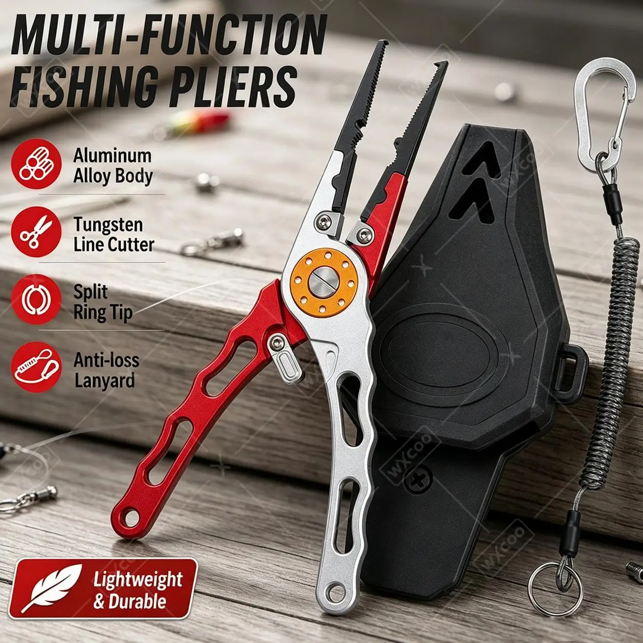 WXCOO Split Ring Pliers Hook Remover Tungsten Carbide Braid Cutter Aluminum Fishing Pliers Saltwater Resistant Sheath Lanyard
