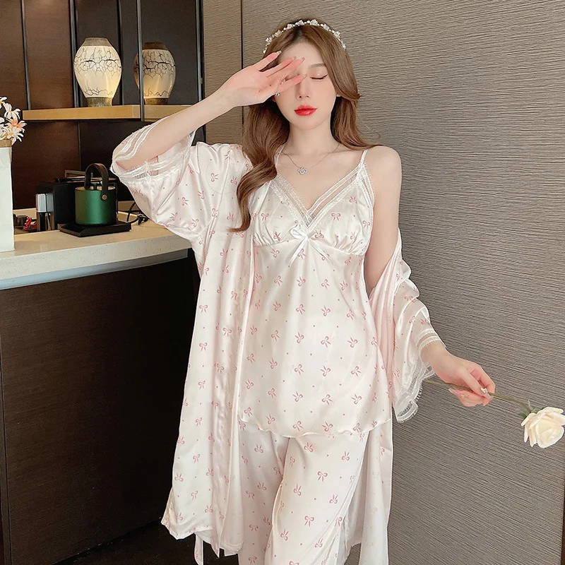 3PCS Pajamas Bathrobe Set Spring Autumn Silk Satin Sleepwear Sexy Leopard Trouser Suits Loose Casual Home Clothes Loungewear