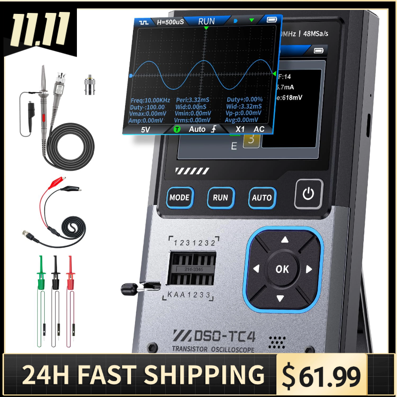  3 IN 1 Handheld Oscilloscope, 10MHz Bandwidth 48MSa/s Sampling Rate Transistor Tester Digital Oscilloscope DDS Signal Generator 