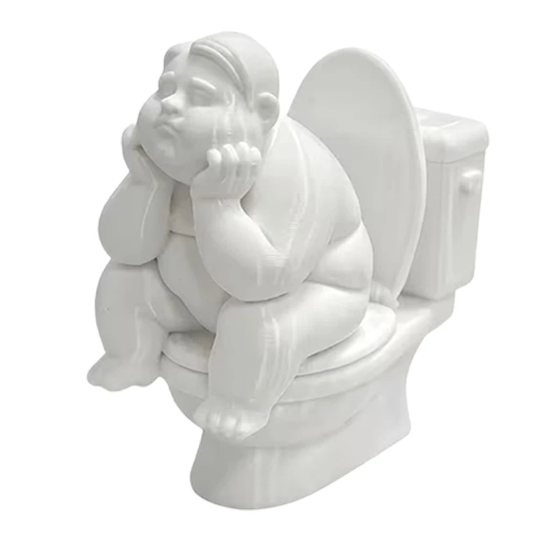 E28F White Toilet Thinker Statue, 3D-Printed Plastic Figure with a Contemplative Chin-in-Hands Design for Desk, Cabinet, and