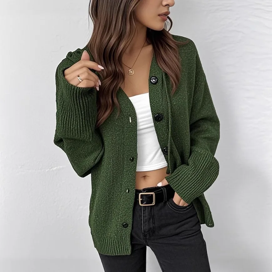 Autumn Winter Europe and The United States Explosion 2026 Simple Knit Button V-neck Solid Color Sweater Stripe Cardigan Women