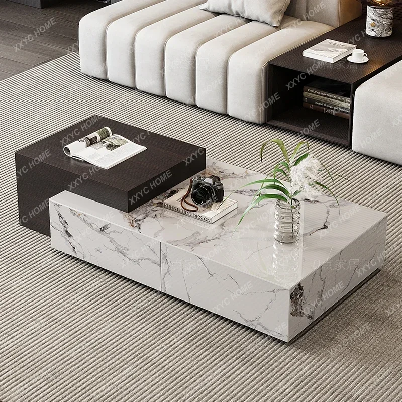 AALight Luxury Storage Smoky Wood Color Rock Plate Coffee Table Minimalist Small Apartment Living Room High-Grade Retractable