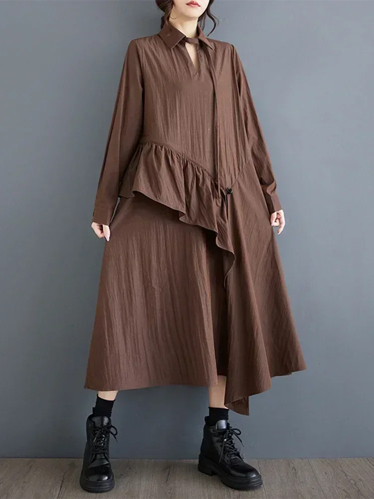 XITAO Asymmetrical Flounced Edge Female Dress Solid Color Loose Casual Pullover Mid-calf Dresses 2024 Autumn New GYX1049