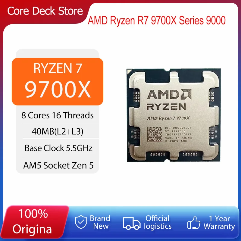 AMD Ryzen 7 9700X 8 Core 16 Thread Processor ryzen 7 9700x 3.8GHz Acceleration frequency Up to 5.5GHz 32MB 4NM 65W TDP No Fan