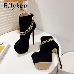 Eilyken Designer Nightclub Party Round Toe Women Boots Sexy Metal Chain Stiletto High Heels Platform Zipper Female Shoes