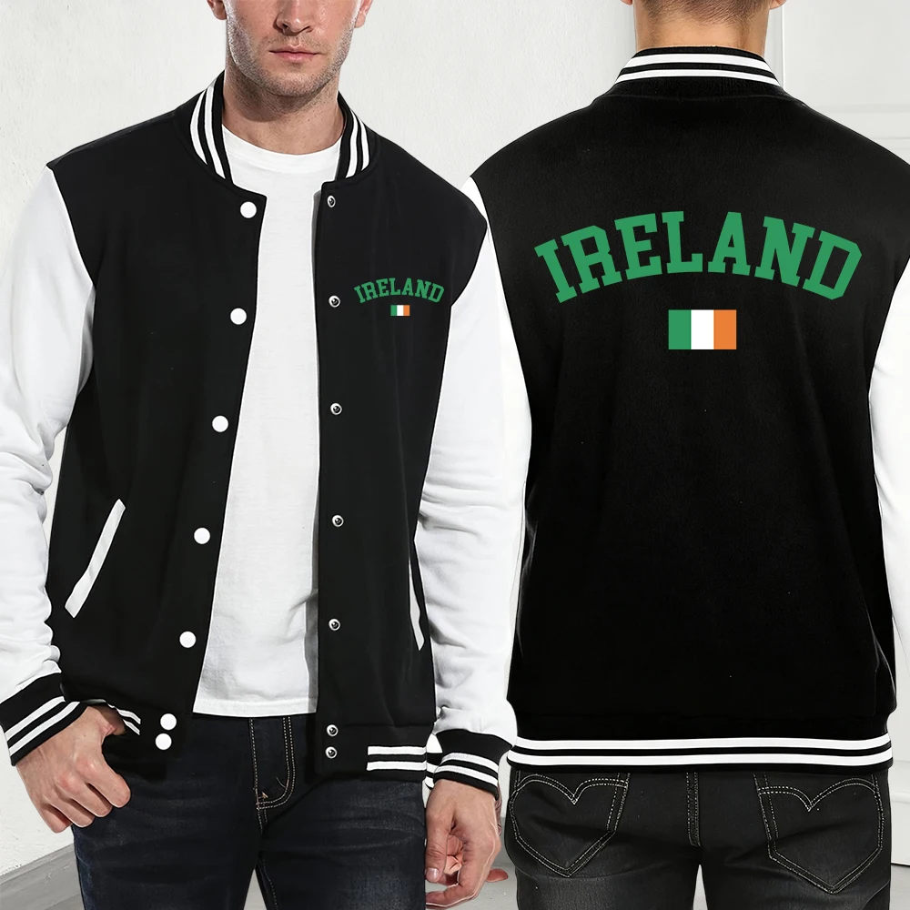 

Ireland Text With Flag Printing Coats Mens Winter Loose Baseball Jersey Basics Fleece Warm Jackets Casual Pocket Men'S Clothes