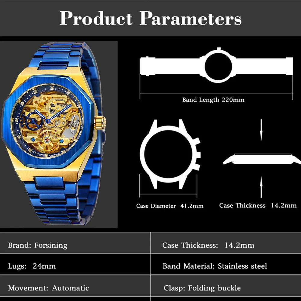 FORSINING Trendy Polygon Men Skeleton Automatic Mechanical Watch Rhinestone Watch Stainless Steel Formal Business Man Wristwatch