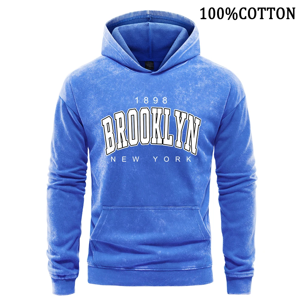 

1898 Brooklyn New York Letter Man Hoodies Retro Washed Hoodie Cotton Hoody Vintage Long Sleeves Pollover Sports Shirt Loose Tops