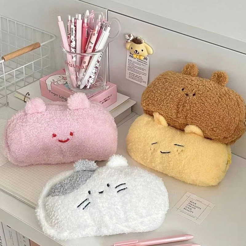 Kawaii boneka kucing susu kantong tempat pensil lucu ritsleting berbulu kapasitas besar tas pensil perlengkapan tas penyimpanan alat tulis sekolah