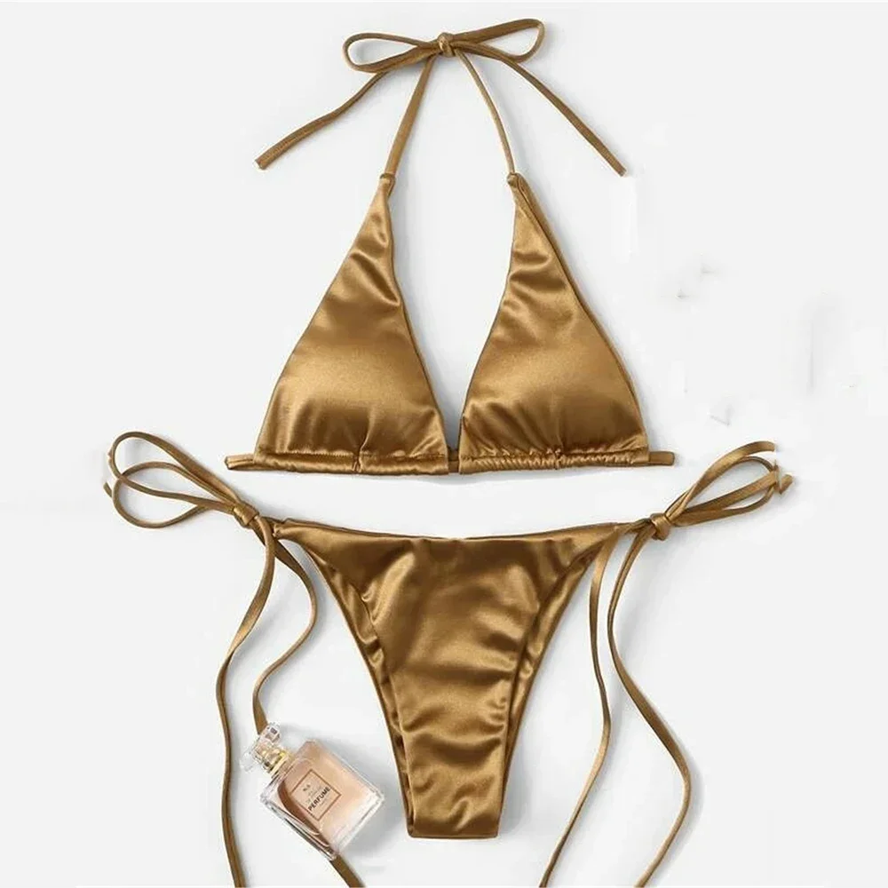 Sexy Brown Swimwear String Halter Micro Thong Bikinis Set Women Satin Swimsuits Lace Up Bathing Suit Bikini Bather Biquinis swim