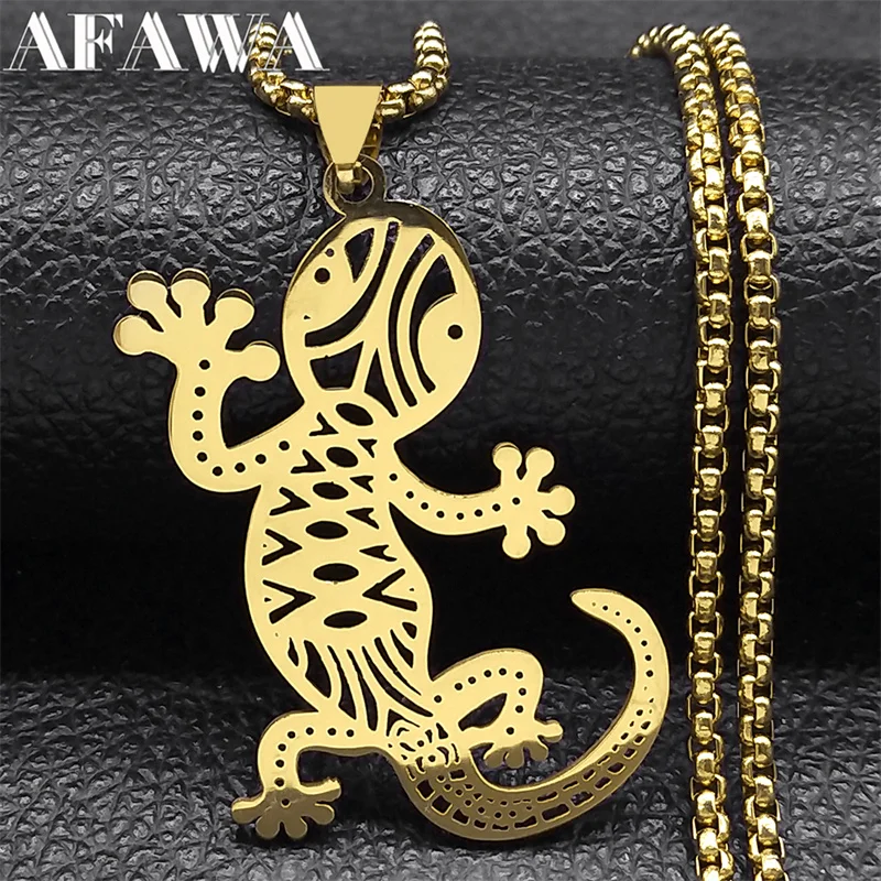 Animal House Lizard Gecko Hollow Pendant Necklace for Women Men Stainless Steel Gold Color Lucky Male Chain Jewelry colar ZZZ515