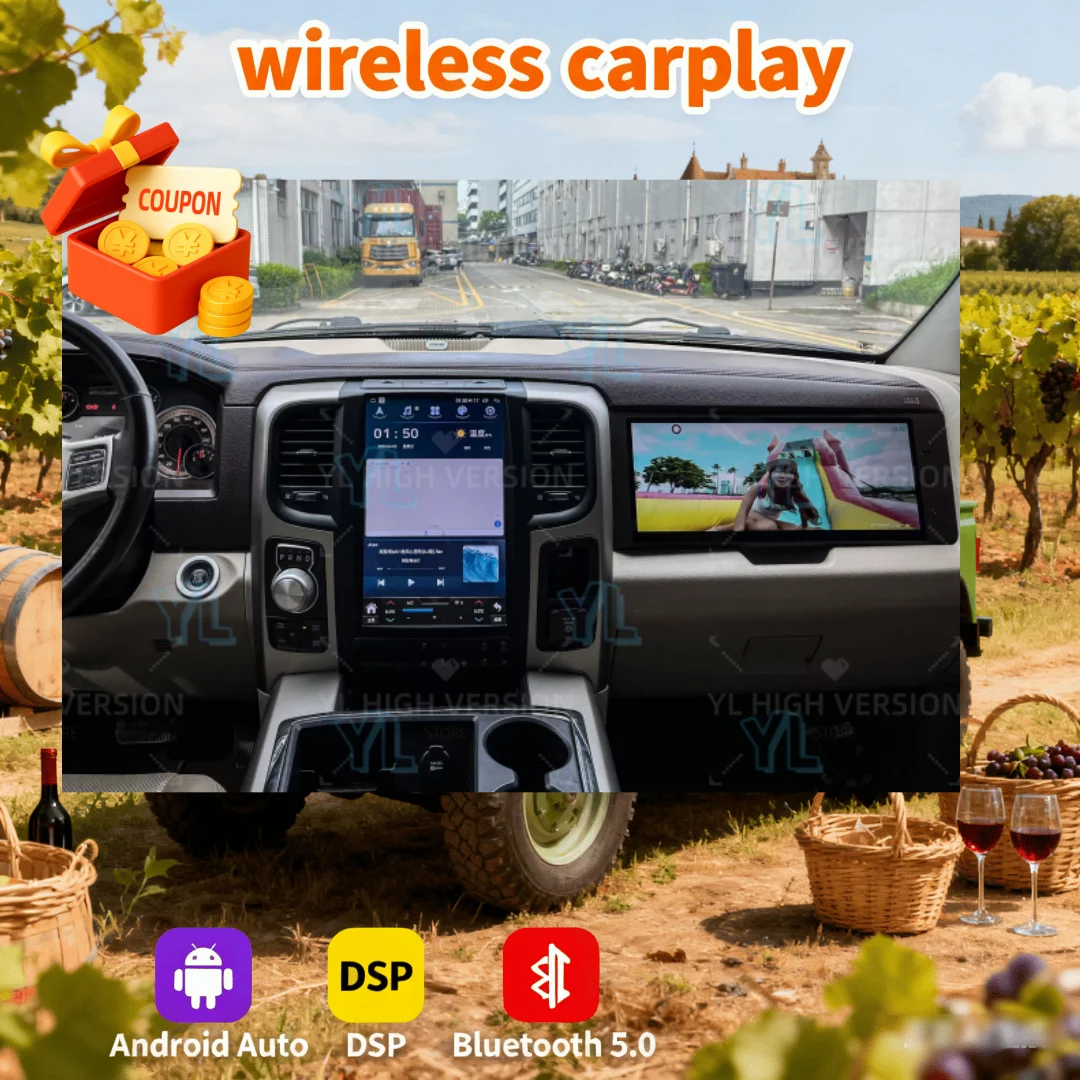 

Android 13 для Dodge Ram 2013-2018, мультимедийный проигрыватель с сенсорным экраном для пассажиров, CarPlay, Bluetooth, головное устройство для развлечений в салоне.