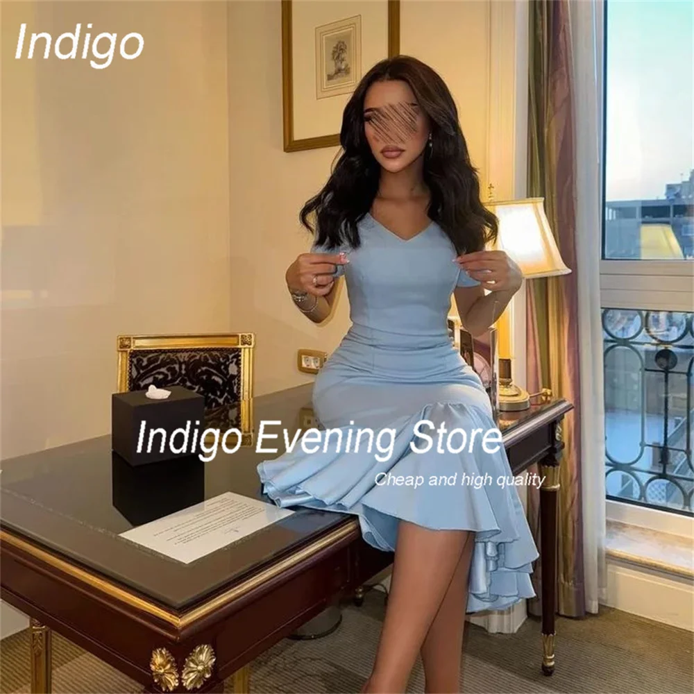 Indigo elegante vestido de noche con cuello en V 2025 mangas cortas plisado hasta el té sirena vestido de fiesta de graduación Formal فسات maveraPersonalizado