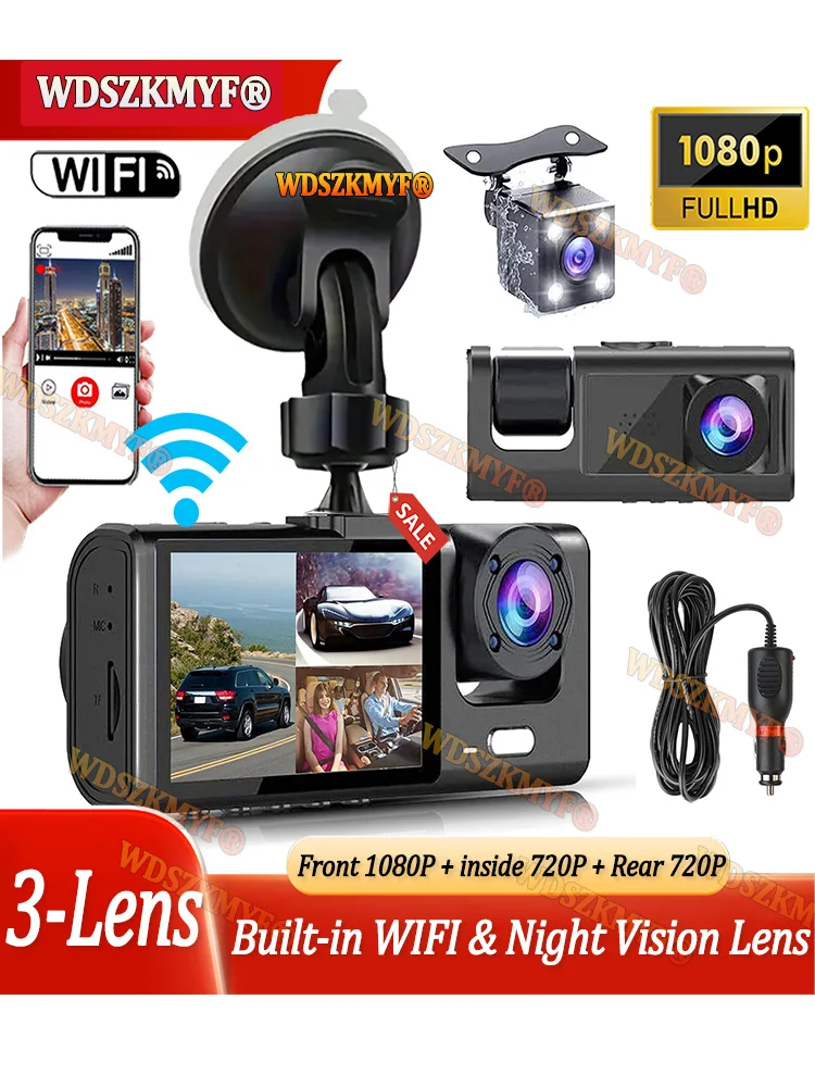 Caméra de tableau de bord 2/3 canaux pour voiture, enregistreur vidéo 1080P, application WIFI, DVR de voiture, caméra de recul avant interne en option, accessoire de voiture dashcam voiture，caméra de