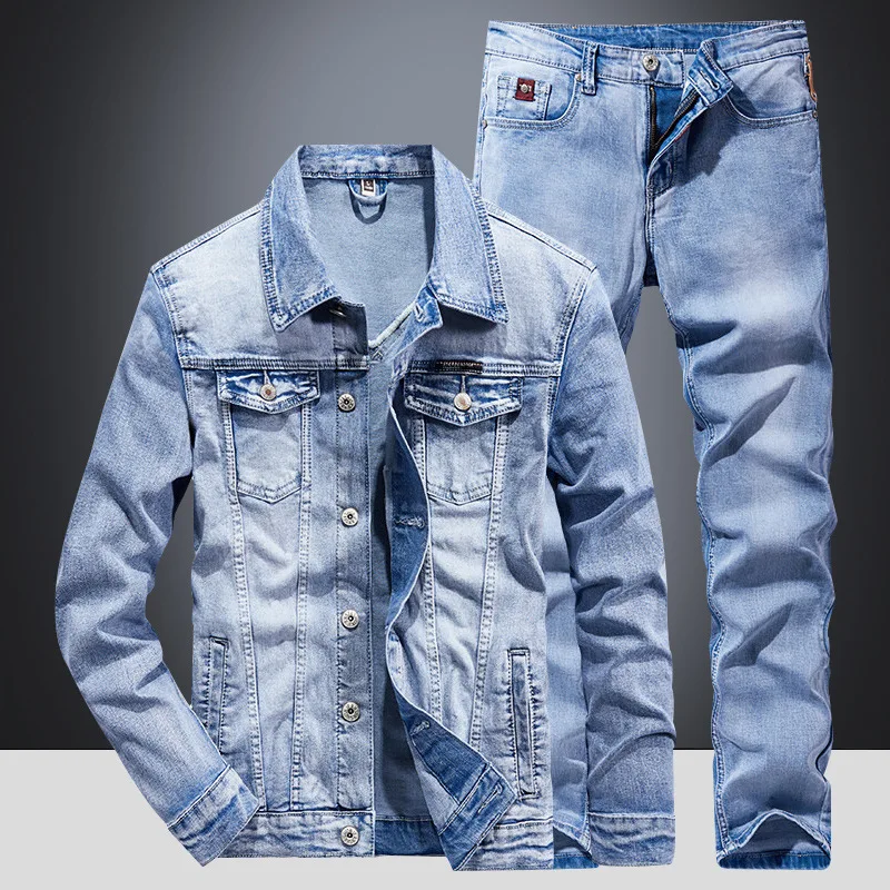 Sets Blue Jean Jackets Men\'s Fashion Multi Pockets Loose Casual Cotton Vintage Street Cowboy Coats Brand Clothes Denim Pants Men