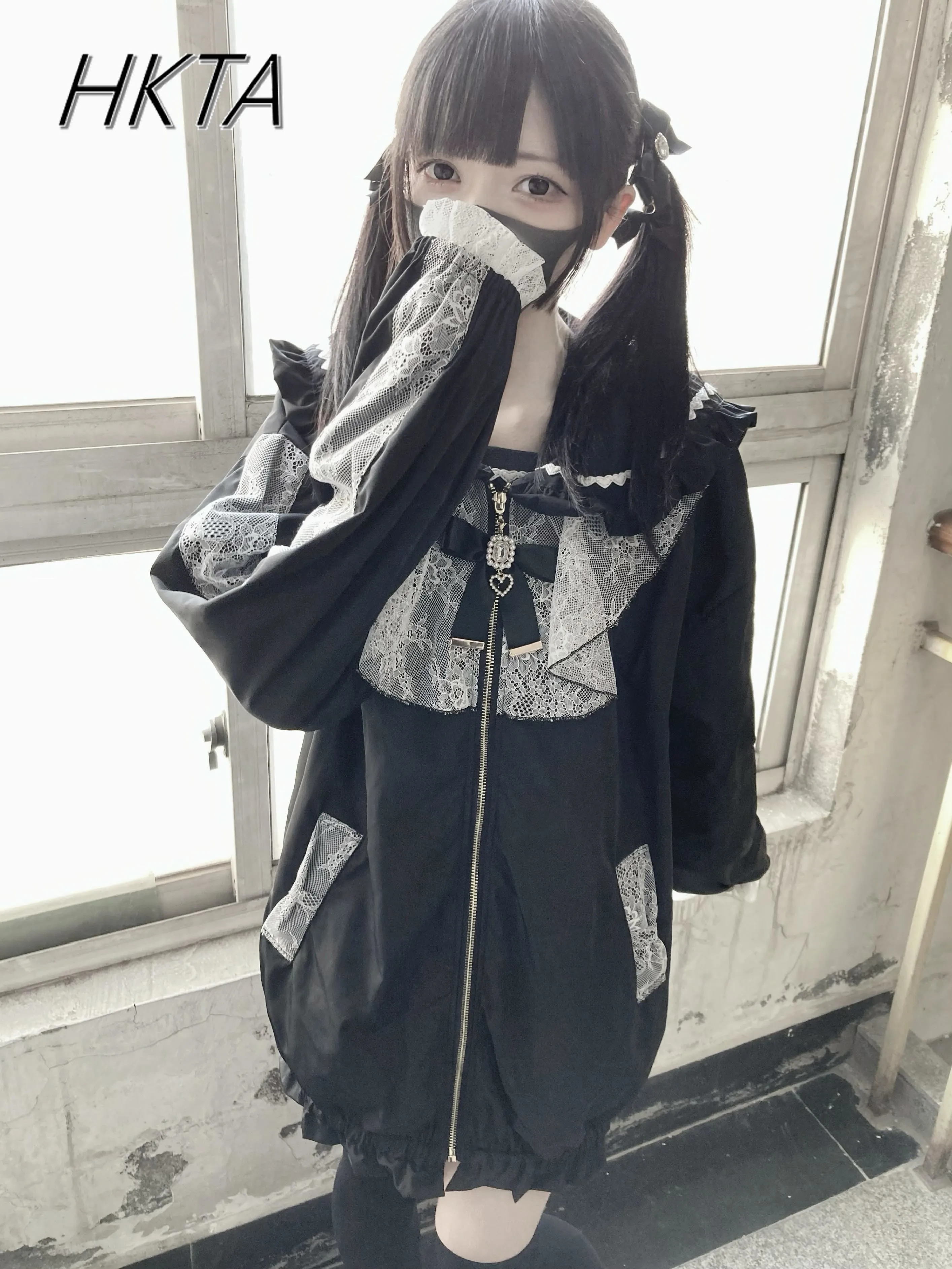 Japanese Clothes Wooden Ear Sailor Collar Lace Bow Black Coat Mine Serie Mass- Produced Spring Autumn Women's Loose Hoodie Coats