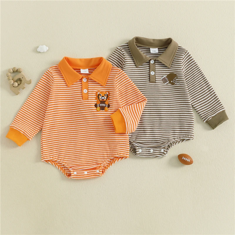 

Baby Boy Romper Long Sleeve Lapel Collar Football Embroidery Jumpsuit Infant Fall Playsuit Newborn Baby Boys Autumn Clothes