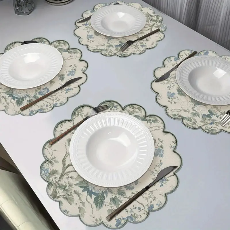 Blue Hydrangea Floral Scalloped Light Vintage Round Placemats Heat Resistant Washable Non Slip Minimalist Dining Table Decor