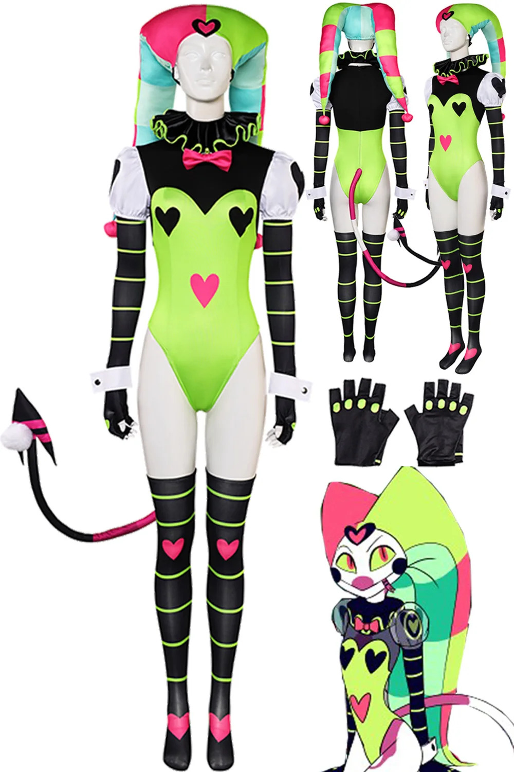 Fizzarolli تأثيري القماش الأخضر زي الكرتون Helluvae دور Bosses للنساء وتتسابق بذلة قبعة الذيل قفازات هالوين البدلة